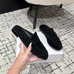 Mule mocassino penny donna in pelle con tacco piatto, Nero scamosciato