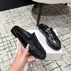 Mule mocassino penny donna in pelle con tacco piatto, Nero effetto cocco