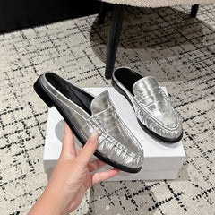 Mule mocassino penny donna in pelle con tacco piatto, Argento