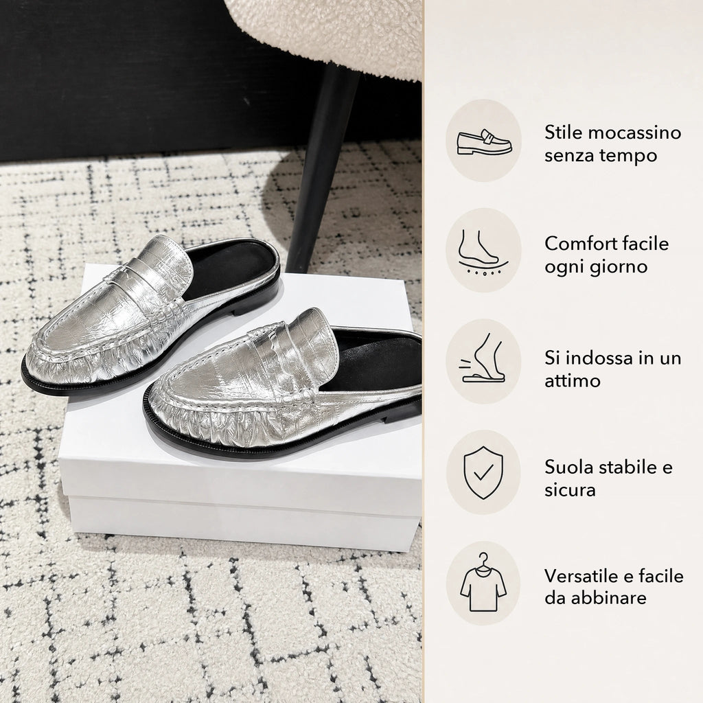 Mule mocassino nero scamosciato, dettaglio del materiale