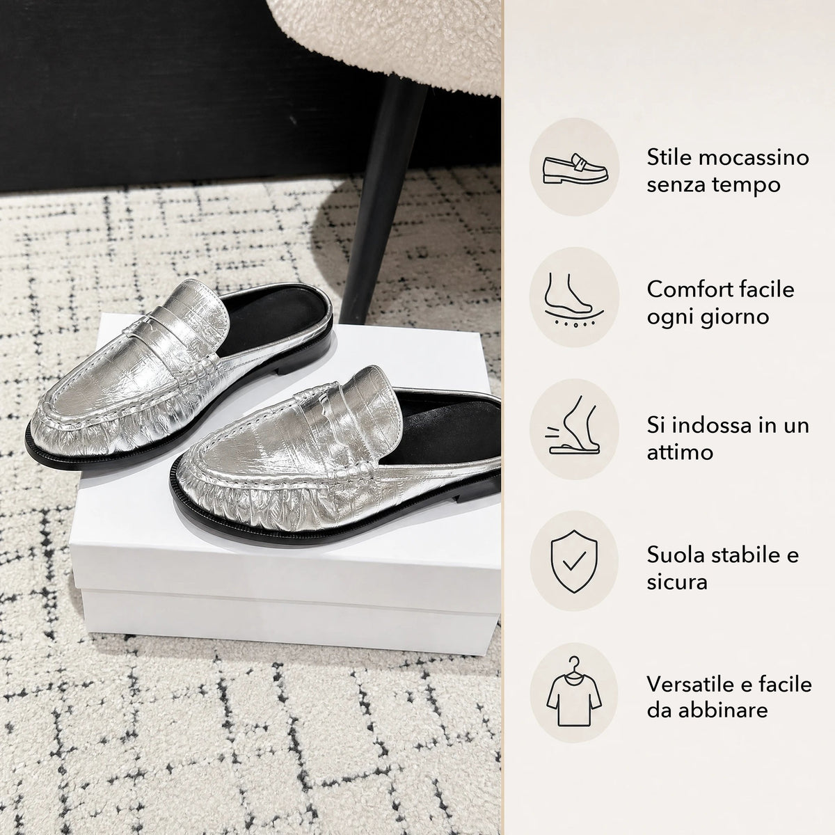 Mule mocassino nero scamosciato, dettaglio del materiale