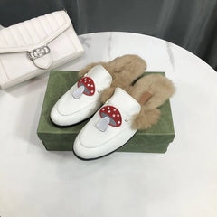 Pantofole donna calde foderate con motivo fungo, Bianco liscio