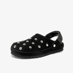 Sabot mocassini con borchie donna in camoscio e suola dentellata, Nero