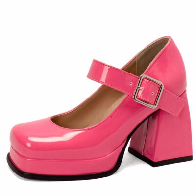 Ballerine Mary Jane in vernice con tacco quadrato
